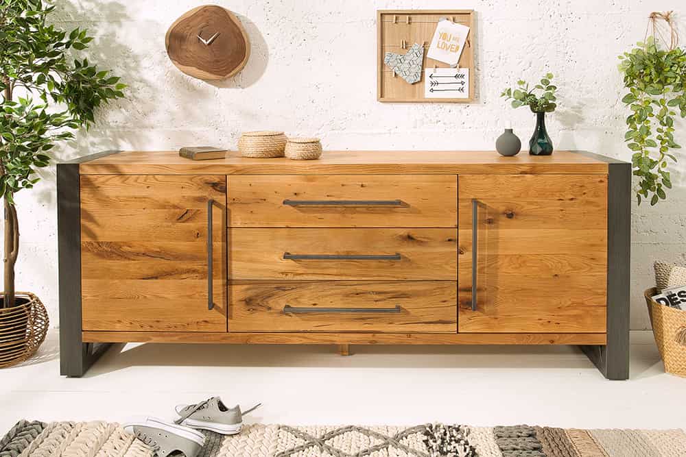 Massivholz Sideboard THOR 200cm mit Schubladen natur Wildeiche geölt Metall schwarz