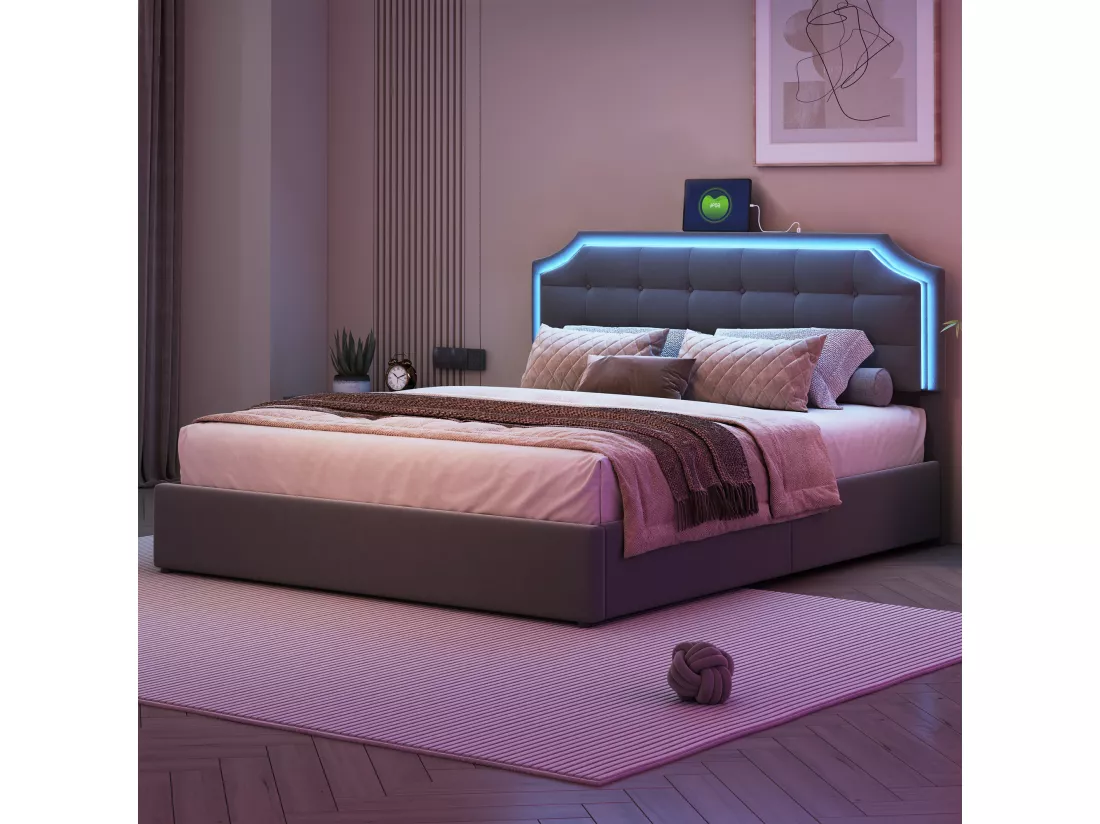 Lit Double 160x200 LED, Lit Coffre avec USB Lit Adulte Lit Rembourré en velours Lit de rangement Lit Capitonné, Gris