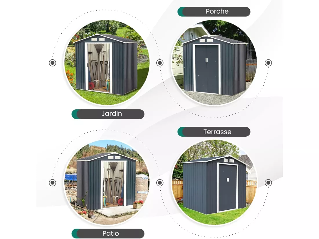 Abri de Jardin Métal 2.7㎡ Toit Incliné, Cabane de Jardin avec 2 Portes Coulissantes Verrouillables, 2 Trous d’Aération, Fondation en Métal, Abri Jardin pour Vélo, Poubelle, Gris
