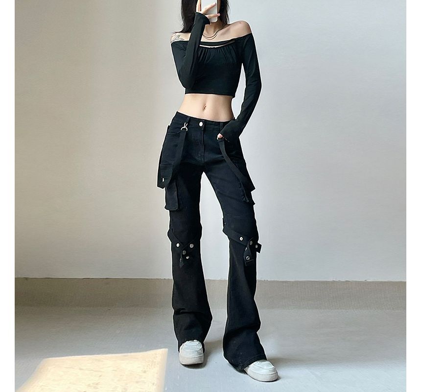 PolkaBella - Low Rise Cross Strap Bootcut Cargo Jeans