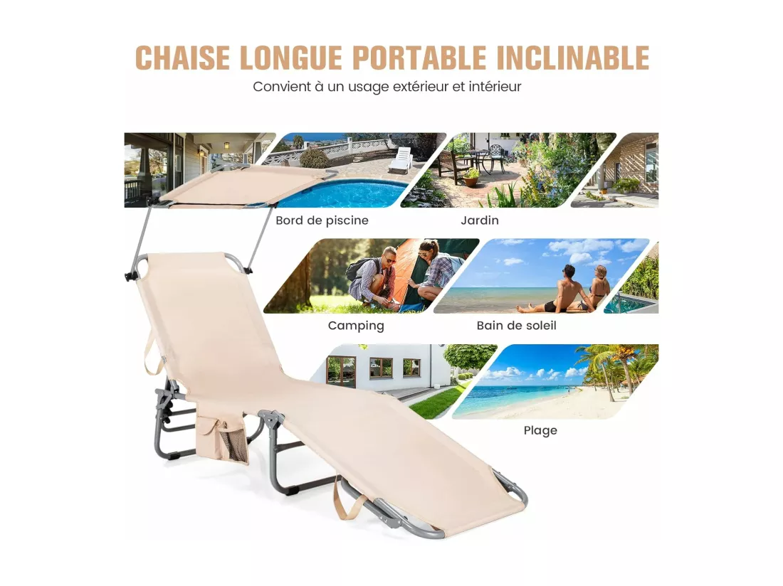 Chaise Longue Pliante Inclinable à 5 Positions avec Auvent Rotatif à 360°, pour CamBoisg Terrasse, Charge Max 150 kg, Beige