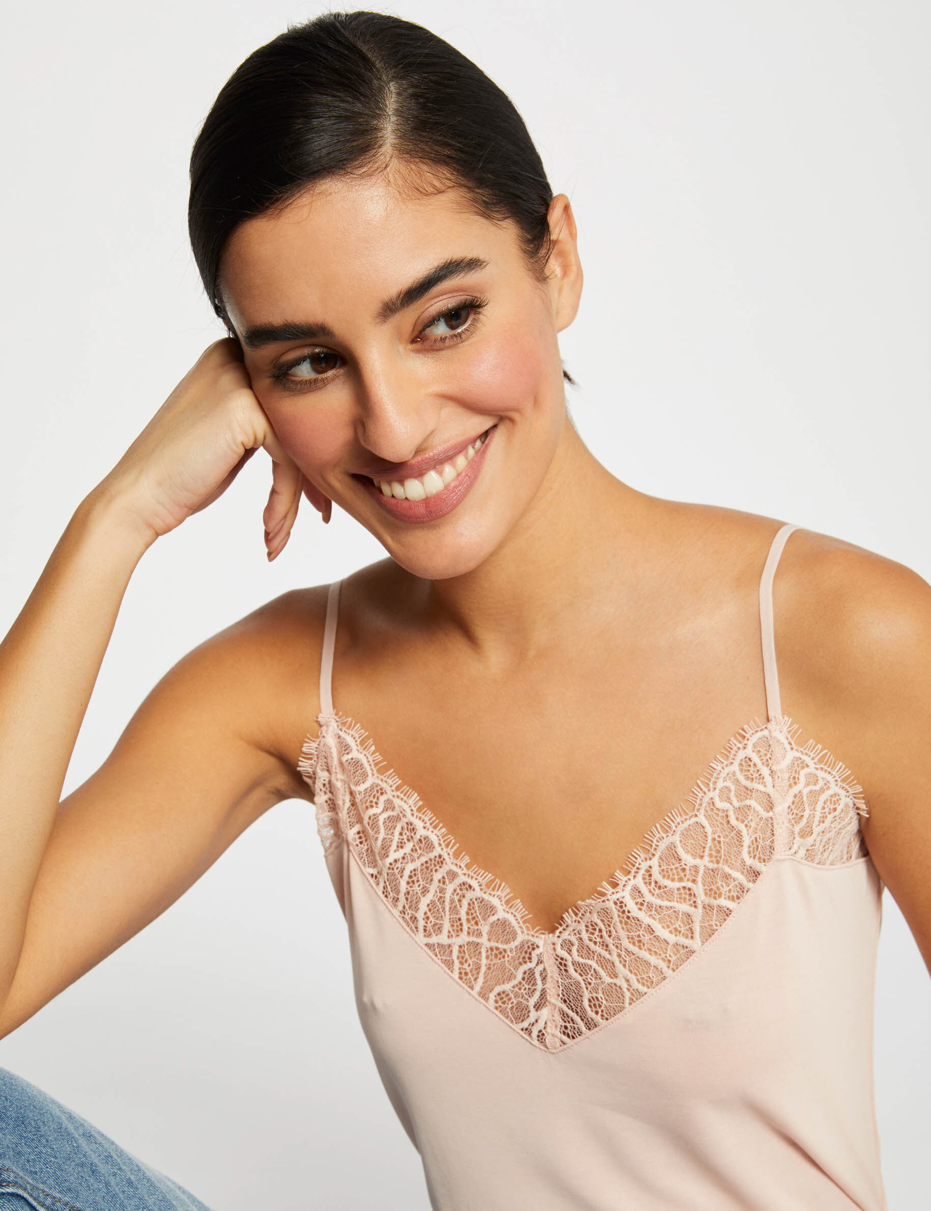 Débardeur bretelles fines avec dentelle rose pale femme - rose_pale
