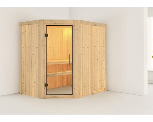 Plug & Play Sauna Karibu Laja zonder kachel, zonder dakrand, met volledig glazen deur van helder glas