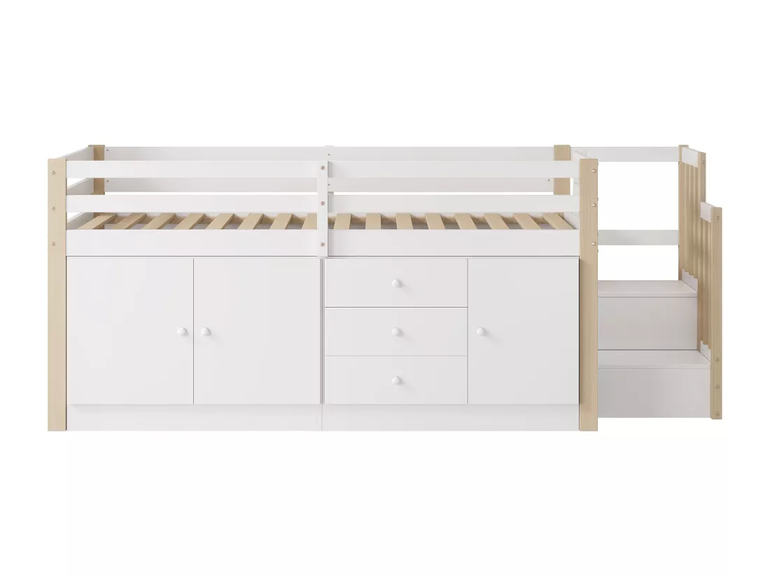 Lit mezzanine pour enfant 90x200 cm - avec armoires et tiroirs - Blanc + Naturel