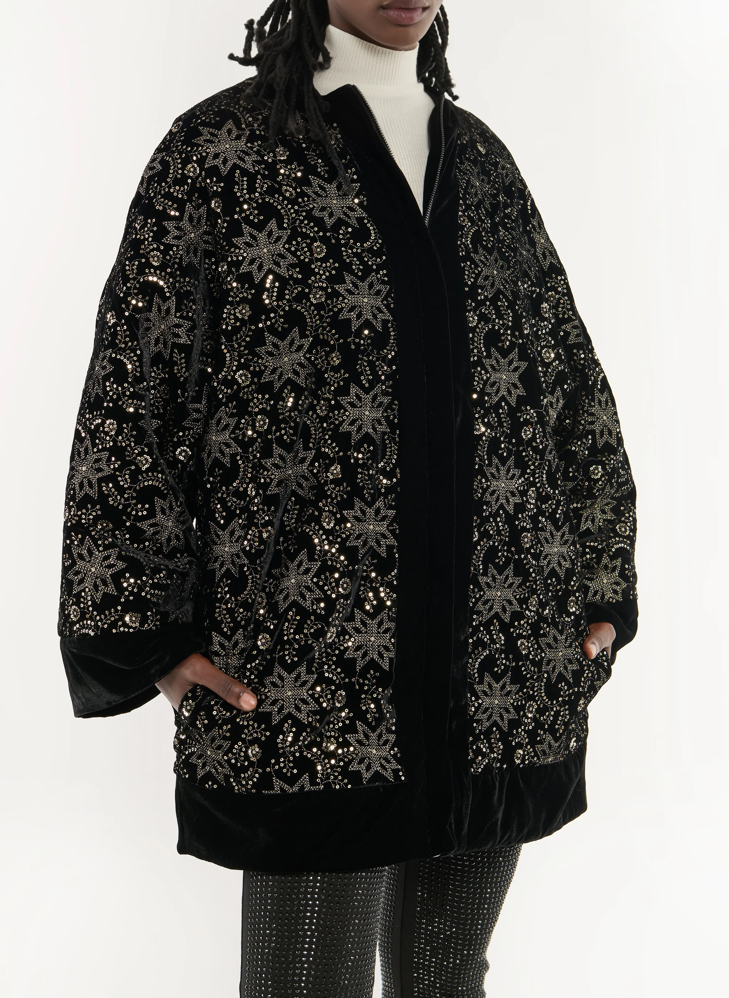 RAYON - Veste longue oversize brodée | Noir