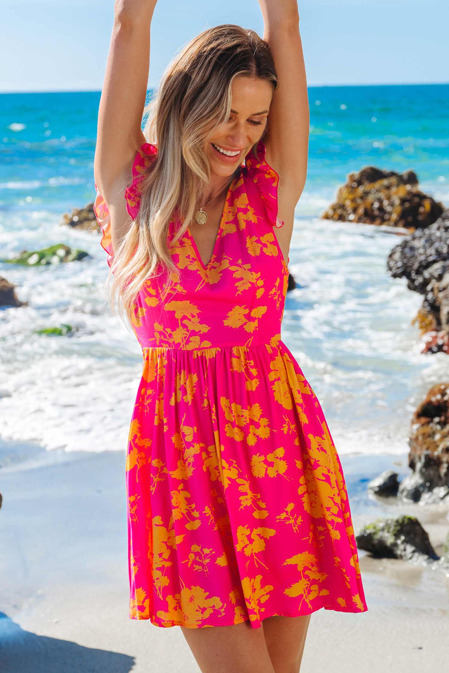 Robe mini sans manches à fleurs rose et orange