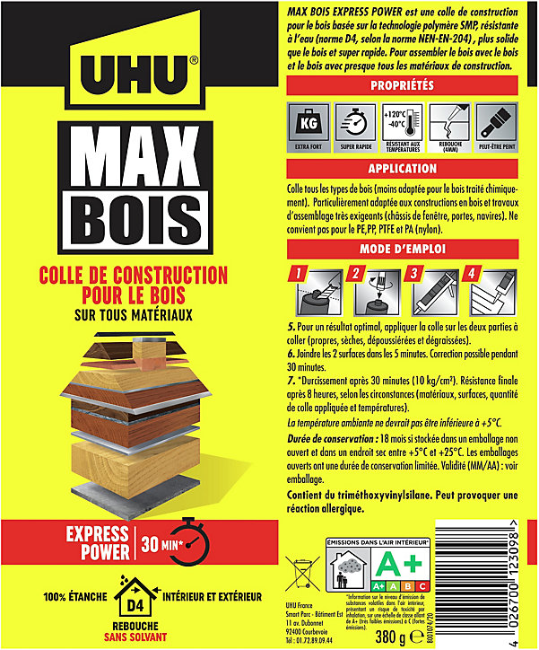 Colle à bois sans PU UHU, cartouche 380g