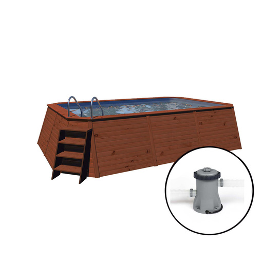 Piscina de madeira com painéis K2o, 490x293x110 cm, com bomba de filtro de cartucho de 2.006 L/h e escada.