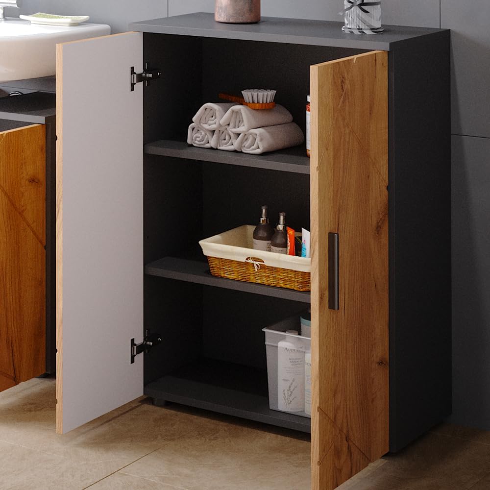 Vicco Midischrank Anthrazit/Goldkraft Eiche Irma 60x81x30 cm - Badezimmermöbel, Zwei Türen bieten verdeckten Stauraum für Pflegeprodukte & Handtücher