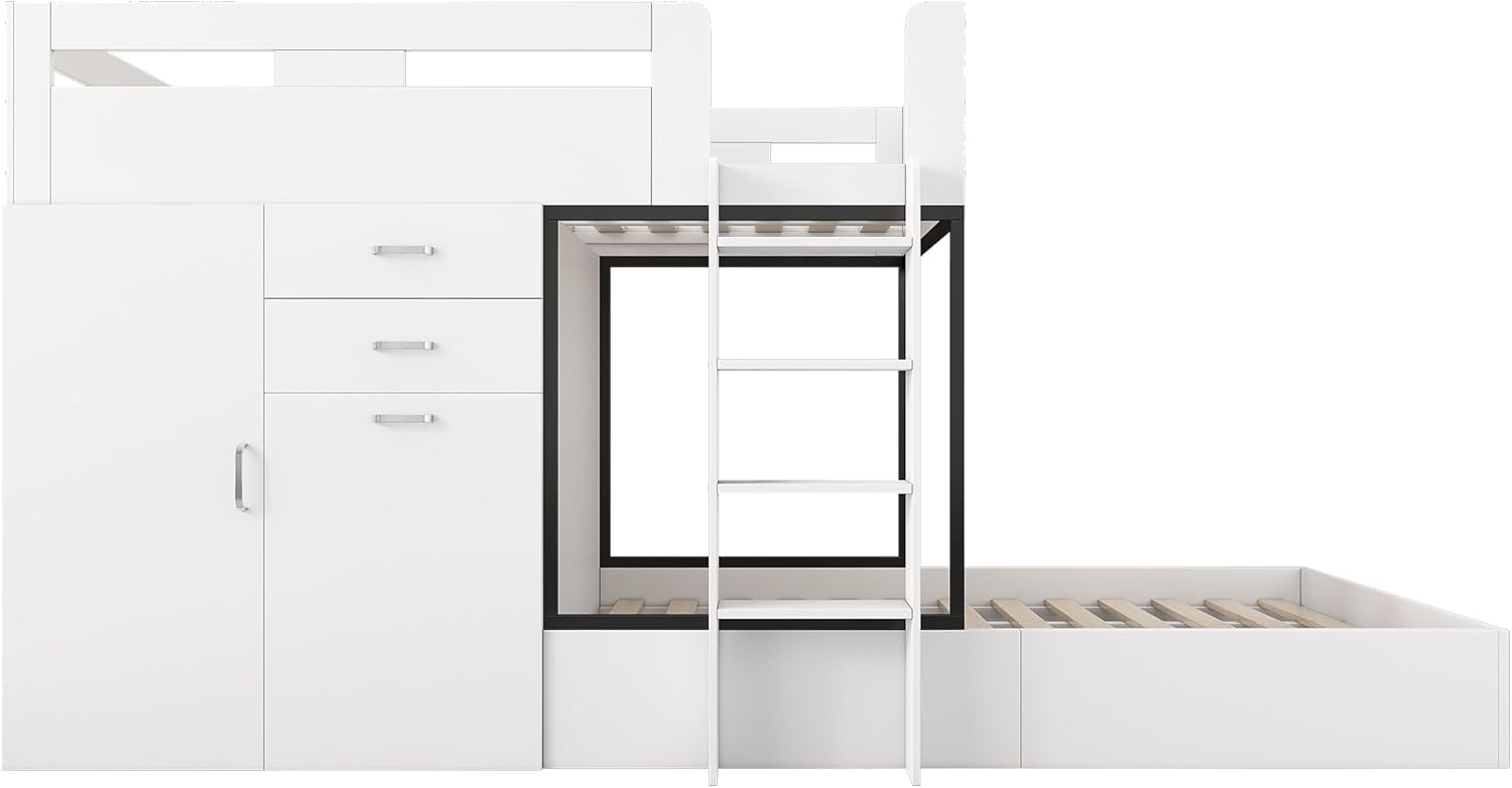 Kinderbett 90x200 cm, Hochbett für 2 Kinder, Etagenbett mit Ausziehbarer Schreibtisch, Kleiderschrank, Bücherregal, Schubladen und Trittleitern, Funktionsbett Stockbett Jugendbett, Weiß,ohne Matratze AQ2369632