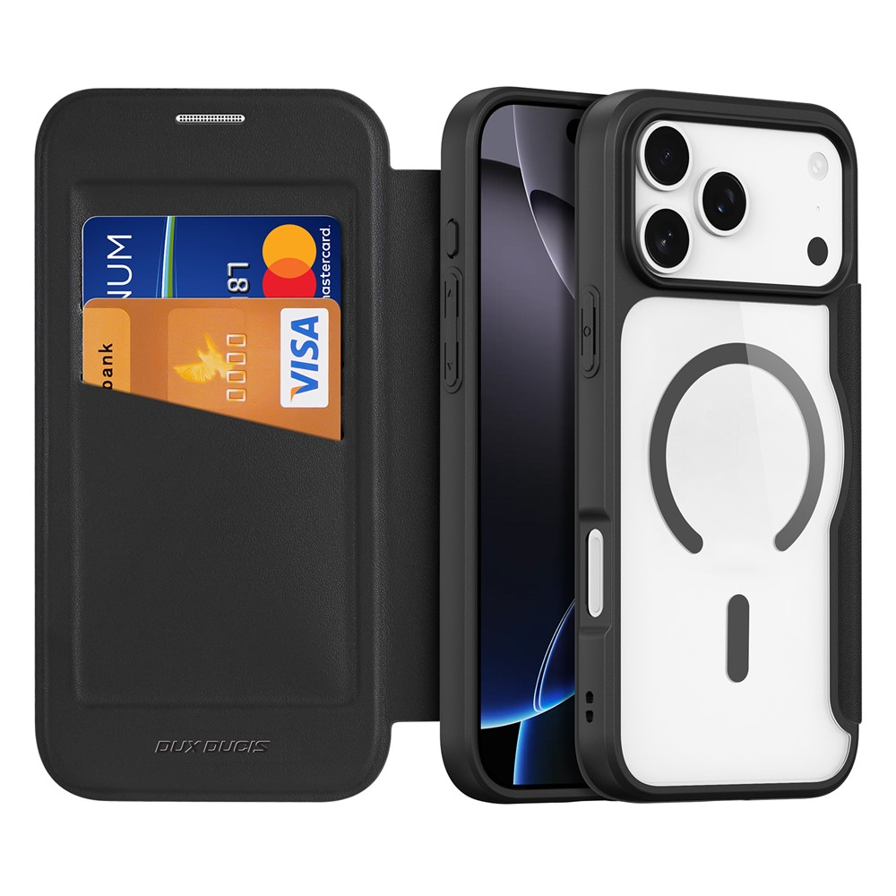 iPhone 17 Pro MagSafe Hybrid Leder Tasche   Kunststoff Rückseite (RFID Schutz) - Schwarz / Transparent