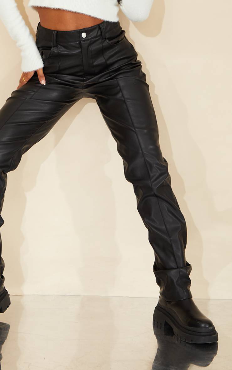 Noir Pantalon Droit En Synthétique Avec Boutons