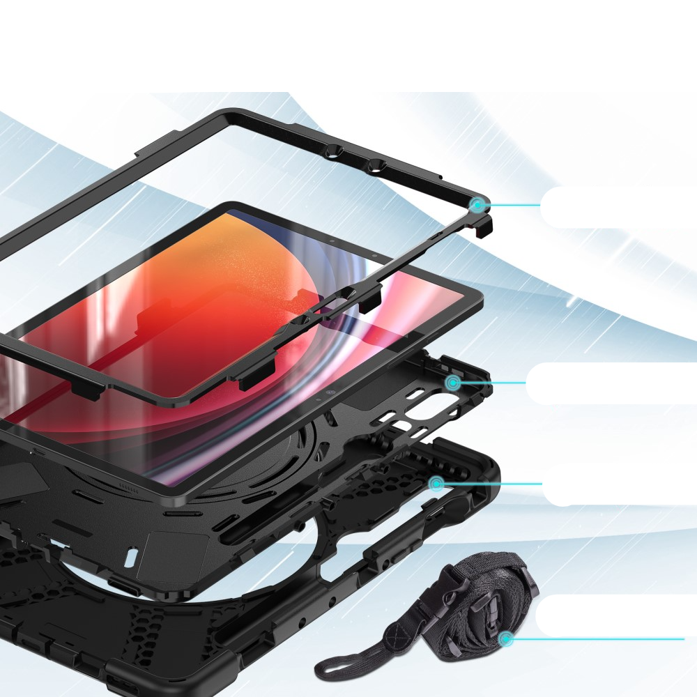 Samsung Galaxy Tab S10 Lite / S10 FE / Tab S9 FE / Tab S9 / Tab S8 / Tab S7 Hybrid Outdoor Silikon Case Hülle mit Aufsteller und Schultergurt - Schwarz