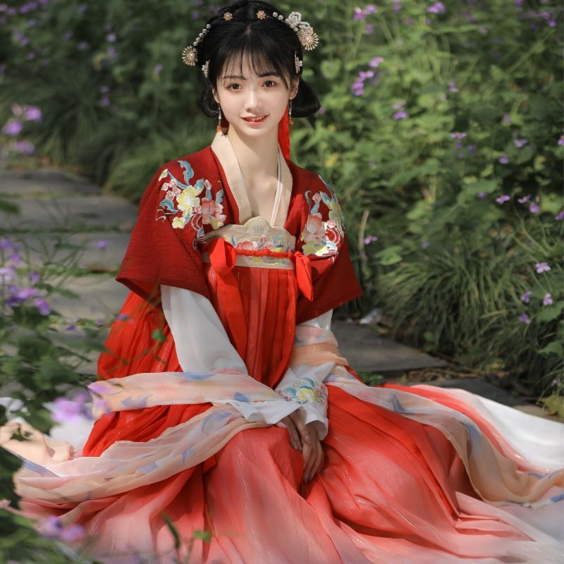 Francoix - Chinese Hanfu set van 3: geborduurde jas met korte mouwen + geborduurde top met lange mouwen + maxi-jurk met wijde borst