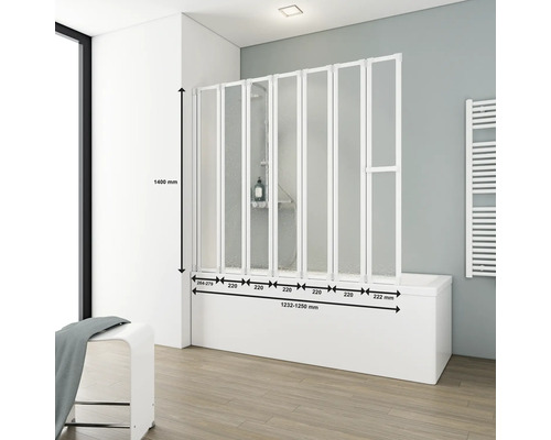 Badscherm, set van 7, SCHULTE Komfort, 159 x 140 cm, glasdecor druppel, profielkleur wit, D1317 04 01 140