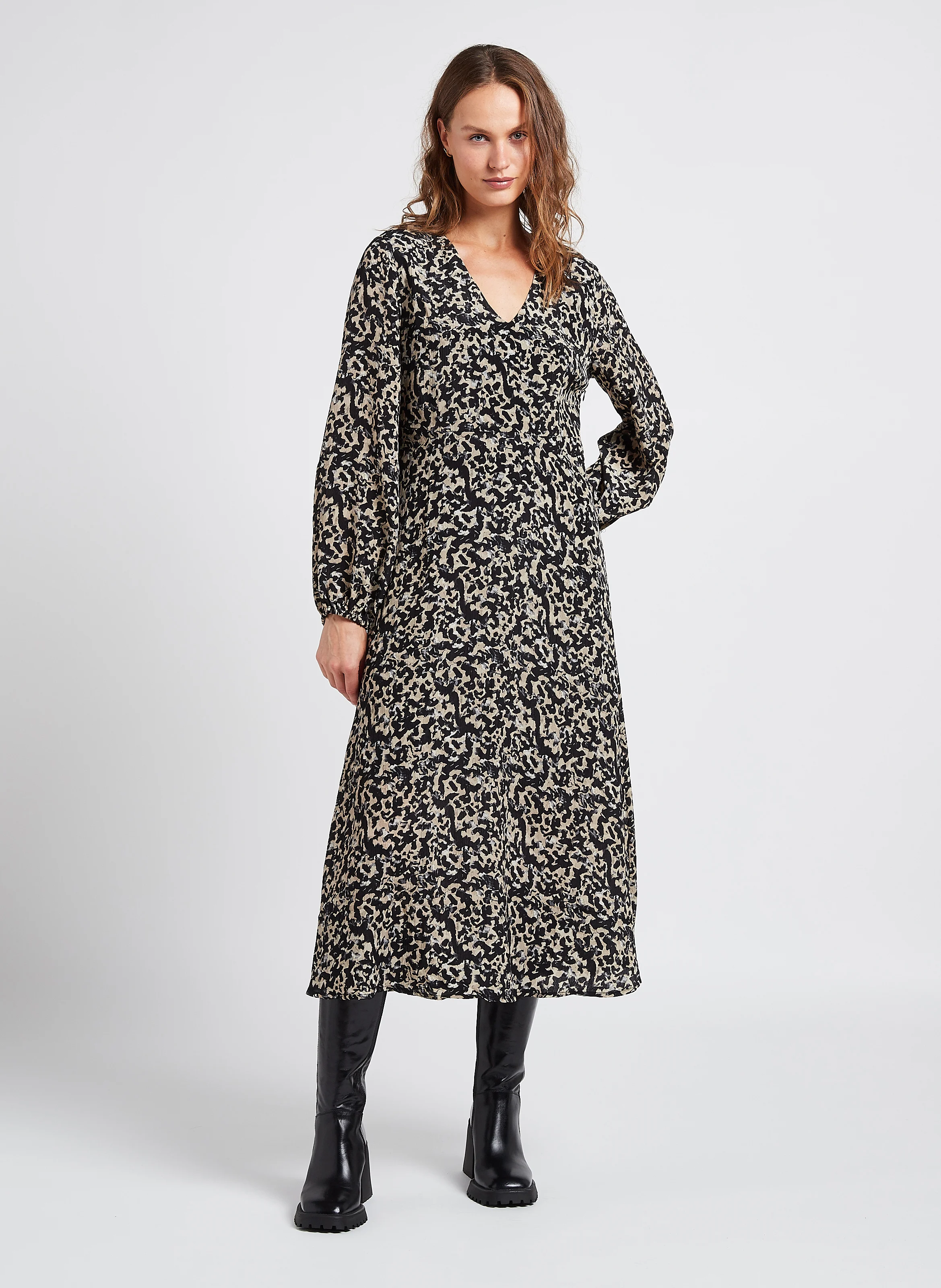 RHIAN - Robe midi col V imprimée| Multicolore