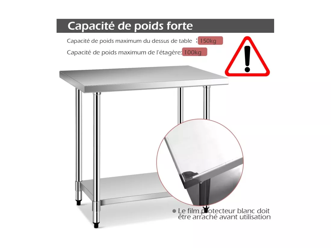 Table de Travail Cuisine en Acier Inoxydable 61 x 92 x 90 cm, Plan de Travail Cuisine avec 2 Étagère, Charge 250 kg, Extérieur/Intérieur pour Cuisine, Restaurant, Jardin, Hôtel
