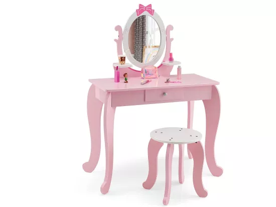 Coiffeuse pour Enfant avec Tabouret, Table Maquillage en Bois avec Miroir Rotatif Ovale, Tiroir et 2 Étagères, Rose