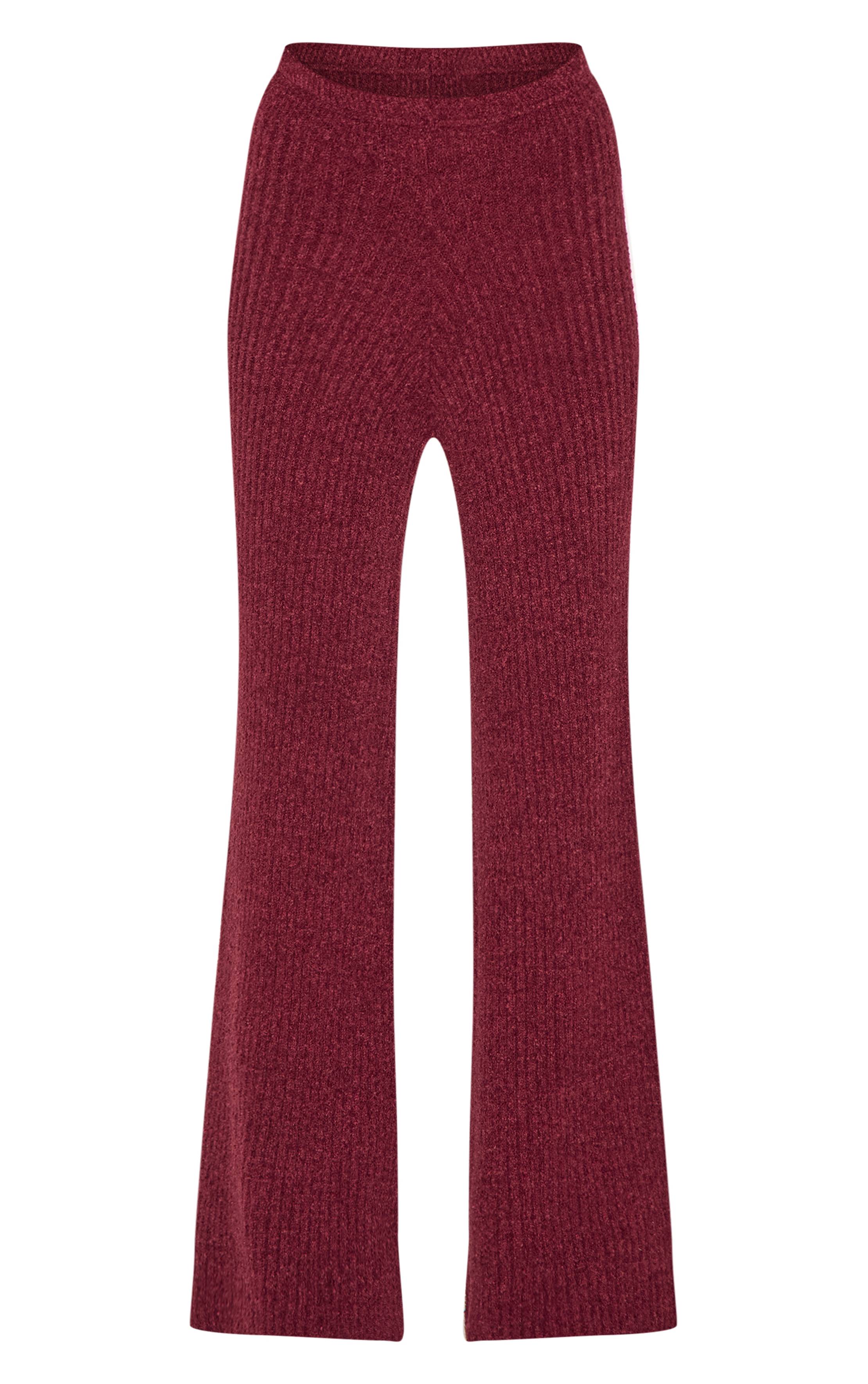 Rouge Bordeaux Pantalon Large En Maille Bouclée Côtelée