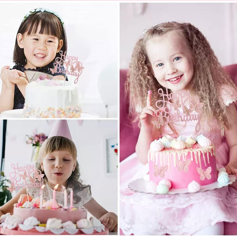 (13-tlg. Set) Kuchenstecker Happy Birthday / Schmetterling Tortenstecker Topper Dekoration für Torten / Kuchen - Roségold