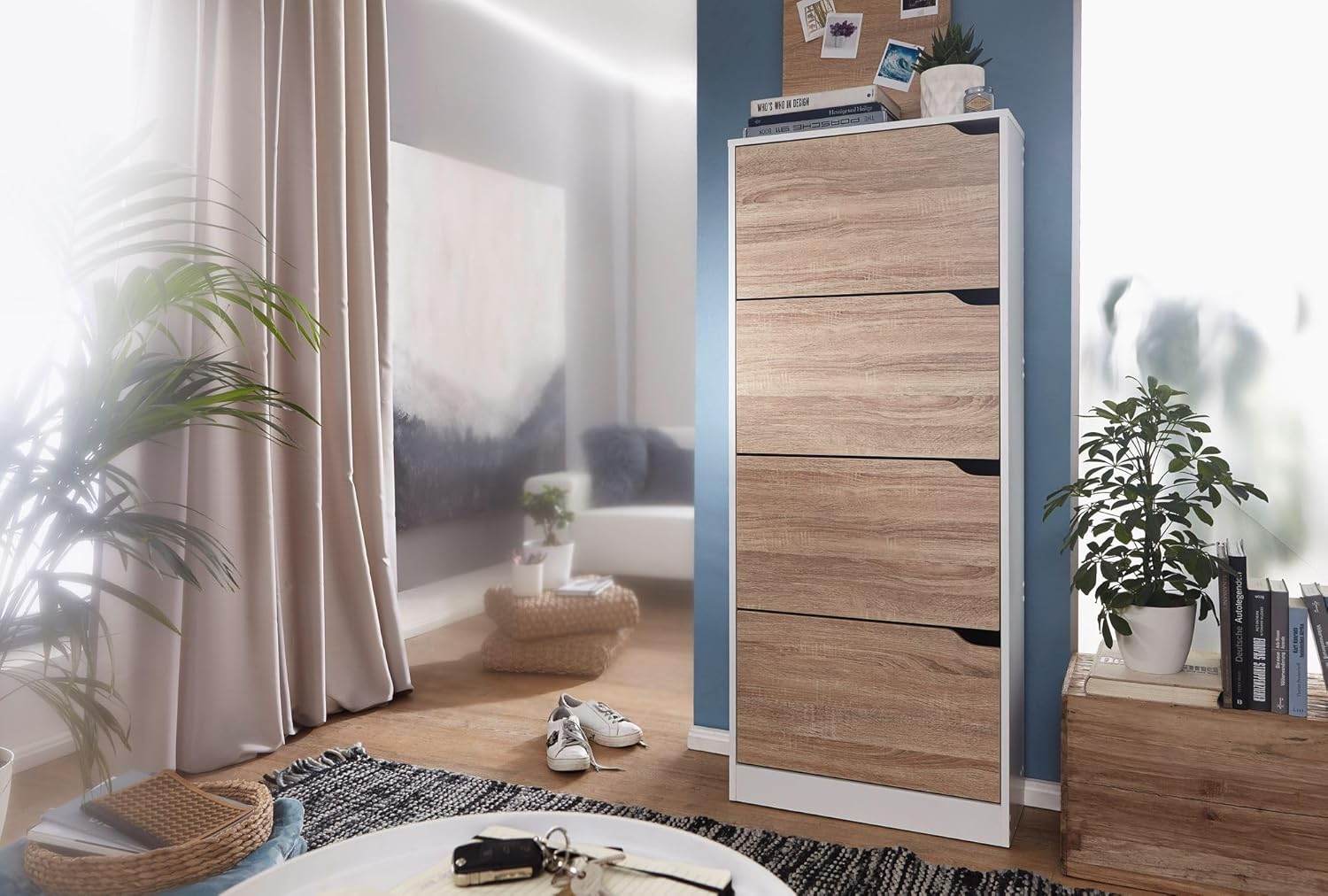 Wohnling Schuhschrank mit 4 Fächern zum Klappen Schuhkommode 150 cm Schuhregal für 24 Paar Schuhe Kommode Schuhkipper modern