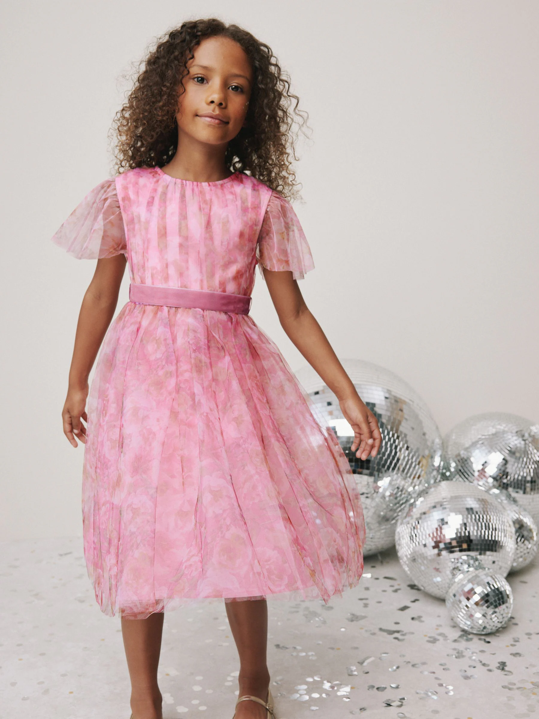 Roze bloemen - Mesh Prom Dress (3-16yrs)