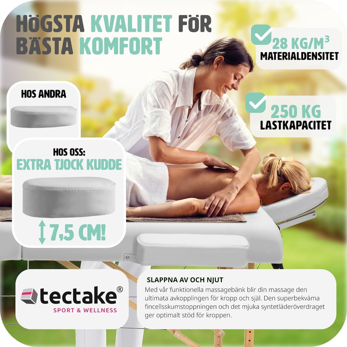 Massasjebenk 7,5cm polstring + ruller - hvit