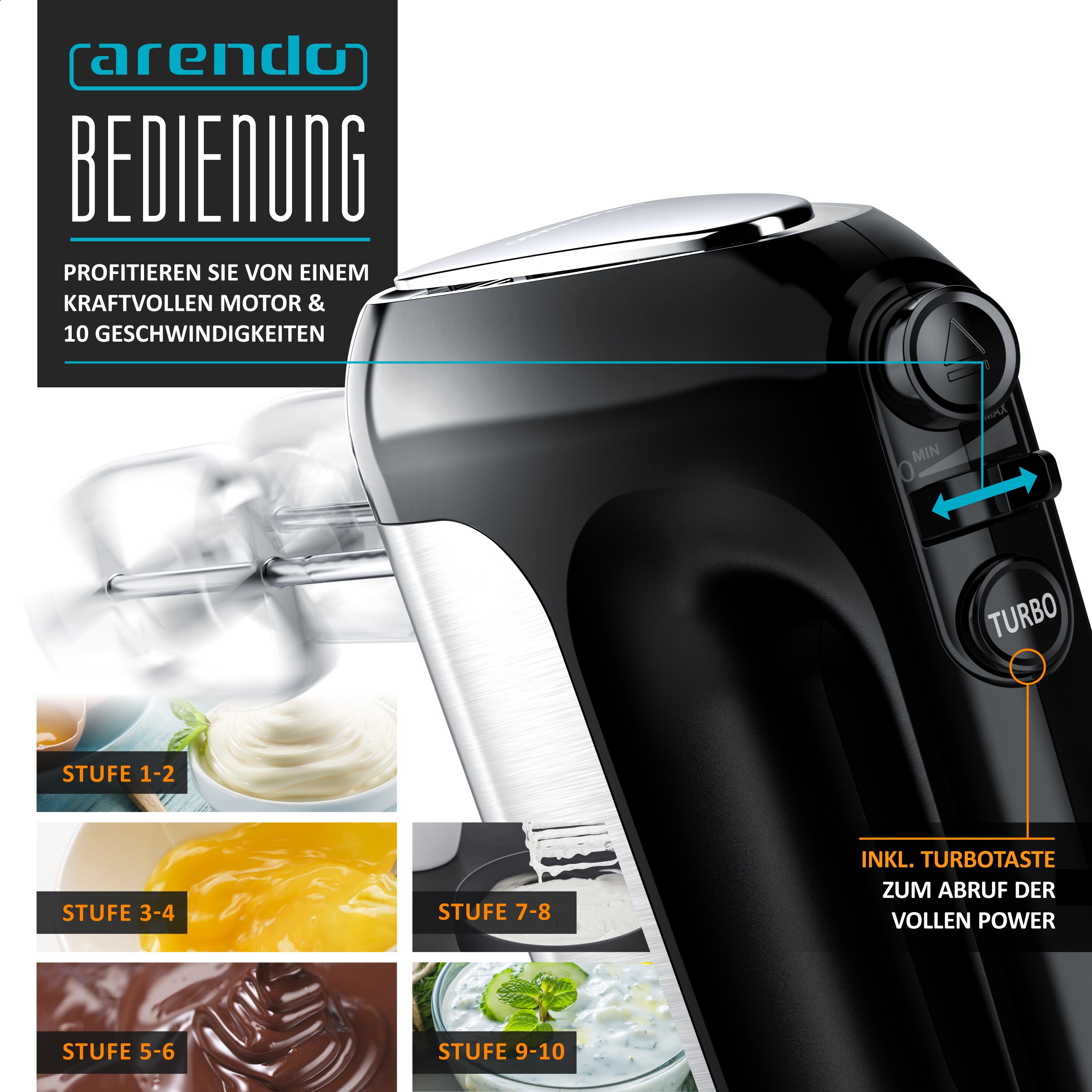 Arendo Elektrischer Handmixer Handrührer - inkl. 2 Quirle und 2 Knethaken aus Edelstahl - Handrührgerät - Hakenentriegelung - Turbotaste