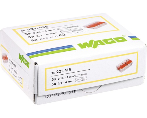 Wago 221-415 COMPACT-klemblok 4 mm² 5-aderig alle geleidertypen hefboomklem 25 stuks
