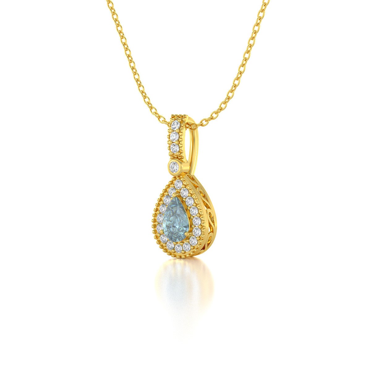 Collier Pendentif ADEN Or 585 Jaune Aigue-Marine et Diamants Chaine Or 585 incluse 1.55grs