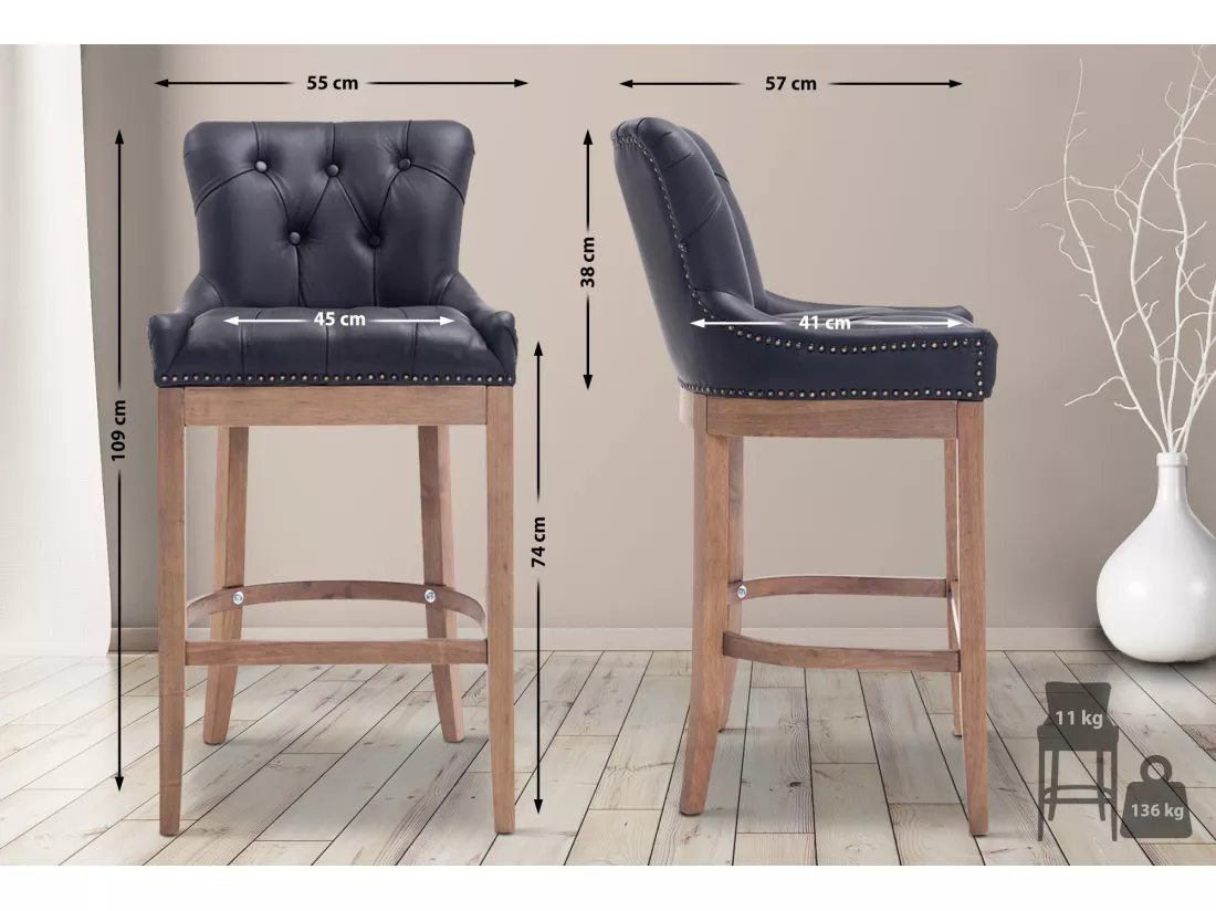 Tabouret de bar - Véritable cuir & Bois - Noir - Lakewood