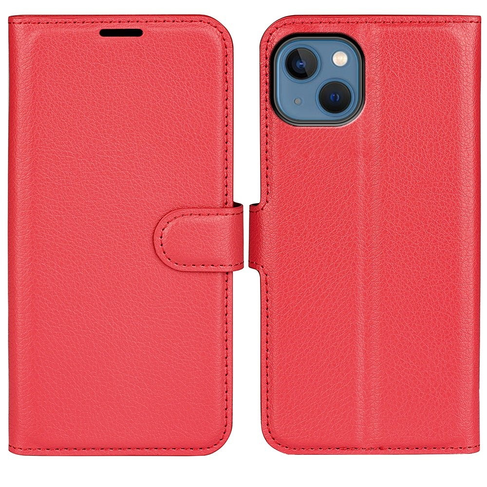iPhone 14 Leder Tasche Flip Cover Litchi Look - Rot