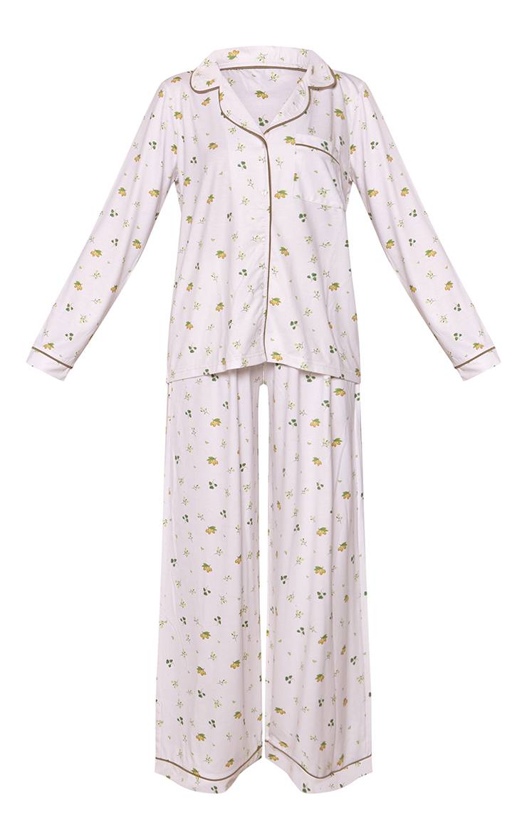 Lemon Print Ensemble Pyjama Haut Manches Longues Et Pantalon En Jersey Doux Avec Passepoil