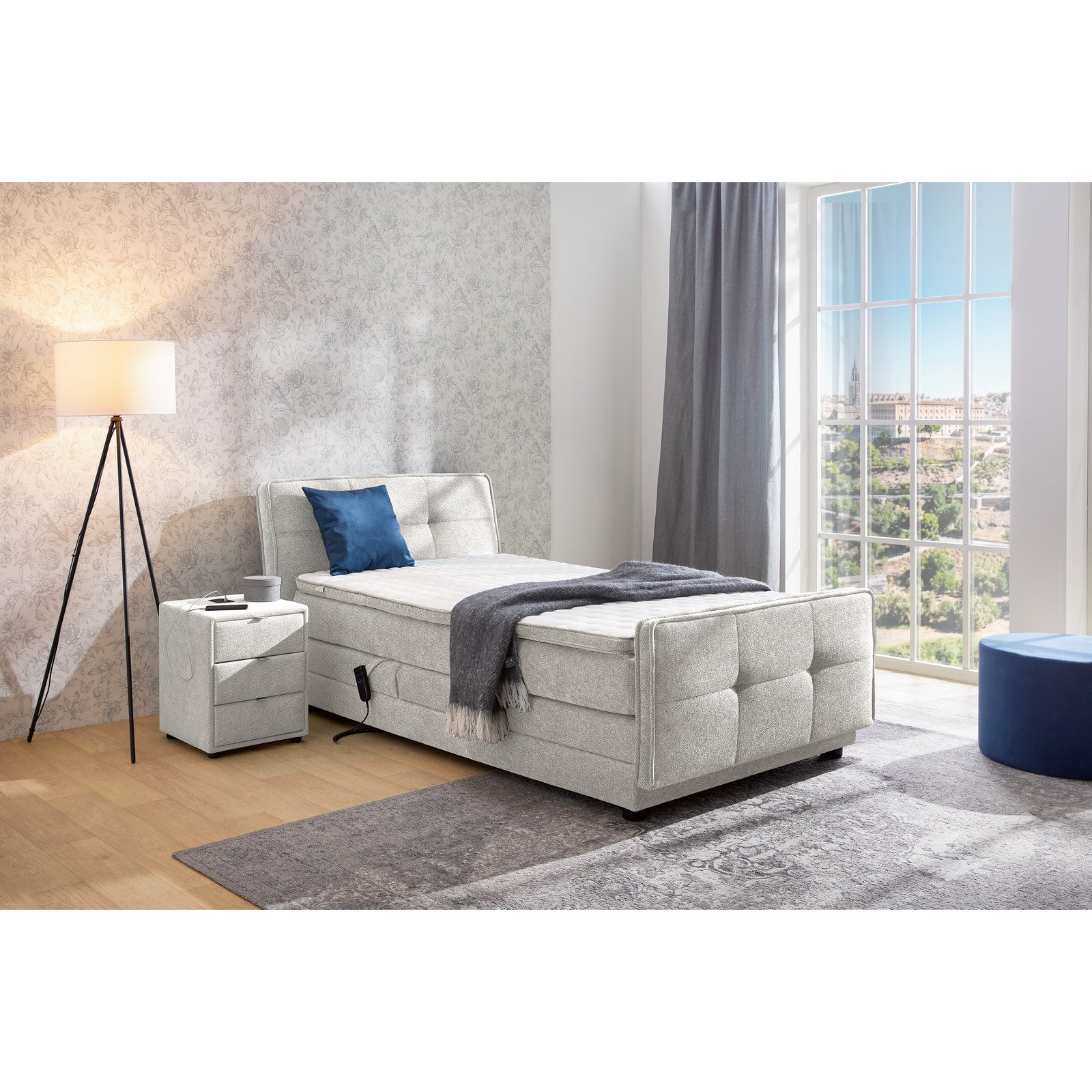 Boxspringbett Paloma Stoff 180 x 200 cm, mit verstellbarer Liegeposition per Fernbedienung