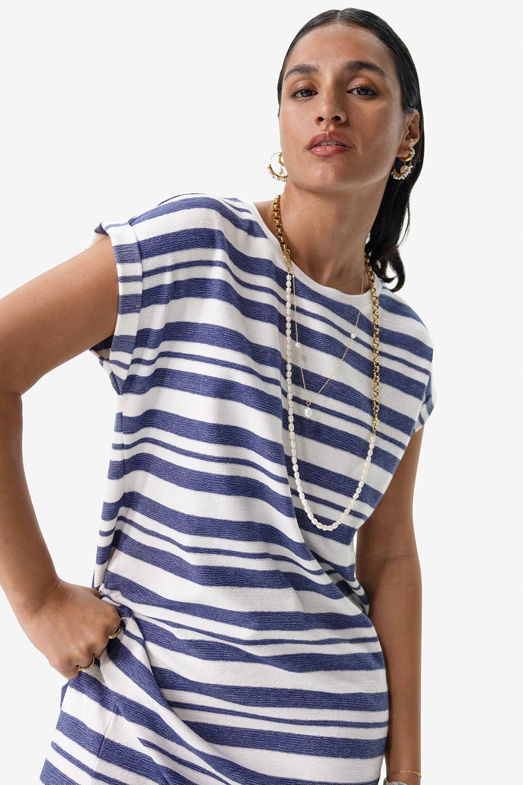 Blauwe jersey jurk met strepen
