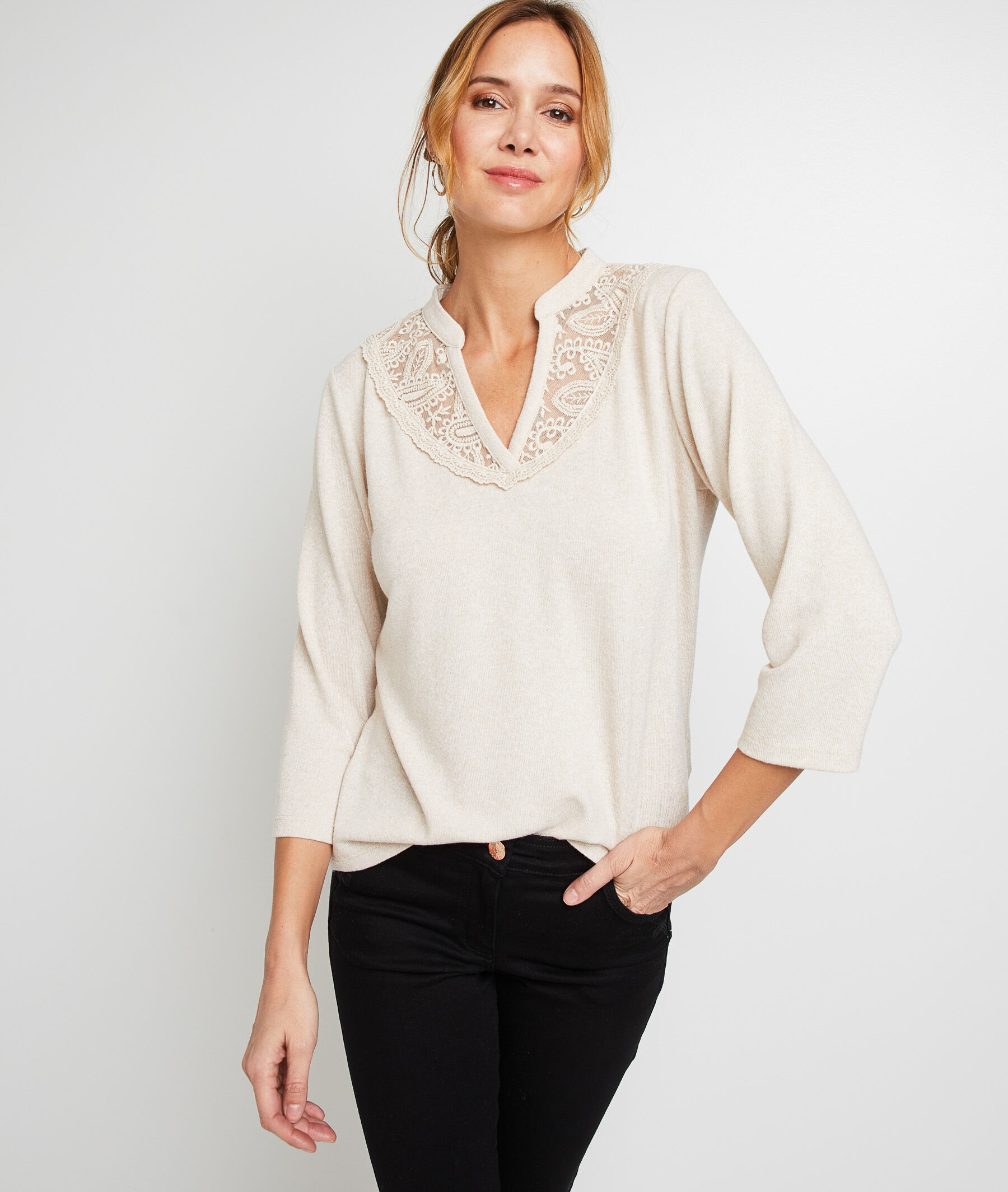 T-shirt col tunisien femme - BEIGE CHINE