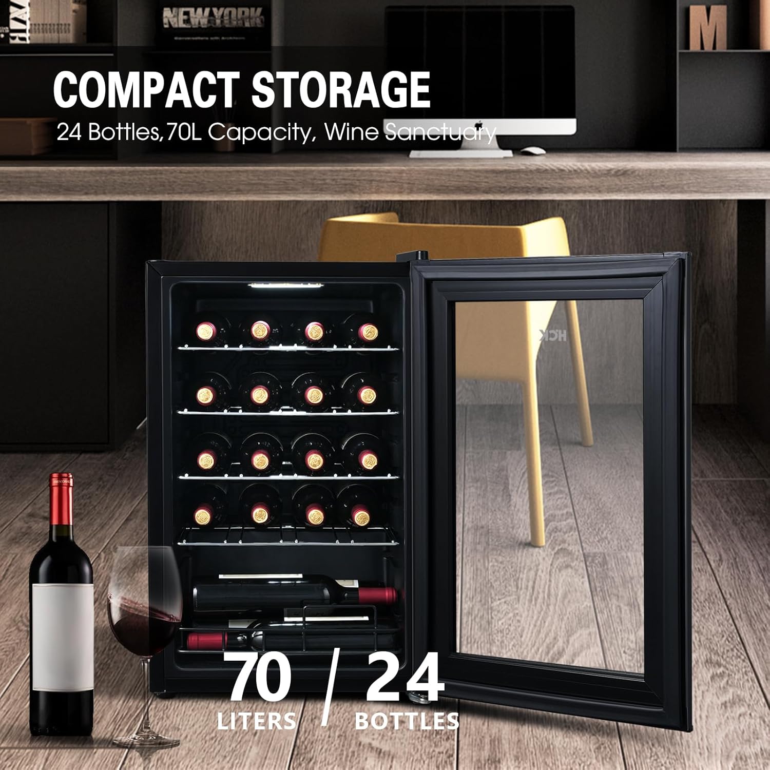 HCK 70L Weinkühlschrank für 24 Flaschen, 4-22°C Weinkühlschränke Flaschenkühlschrank, Getränkekühlschrank mit Glastür, Geräuscharmer Weinschrank, Frostfreie Glastür, Vollglas-Touchpanel, Schwarz