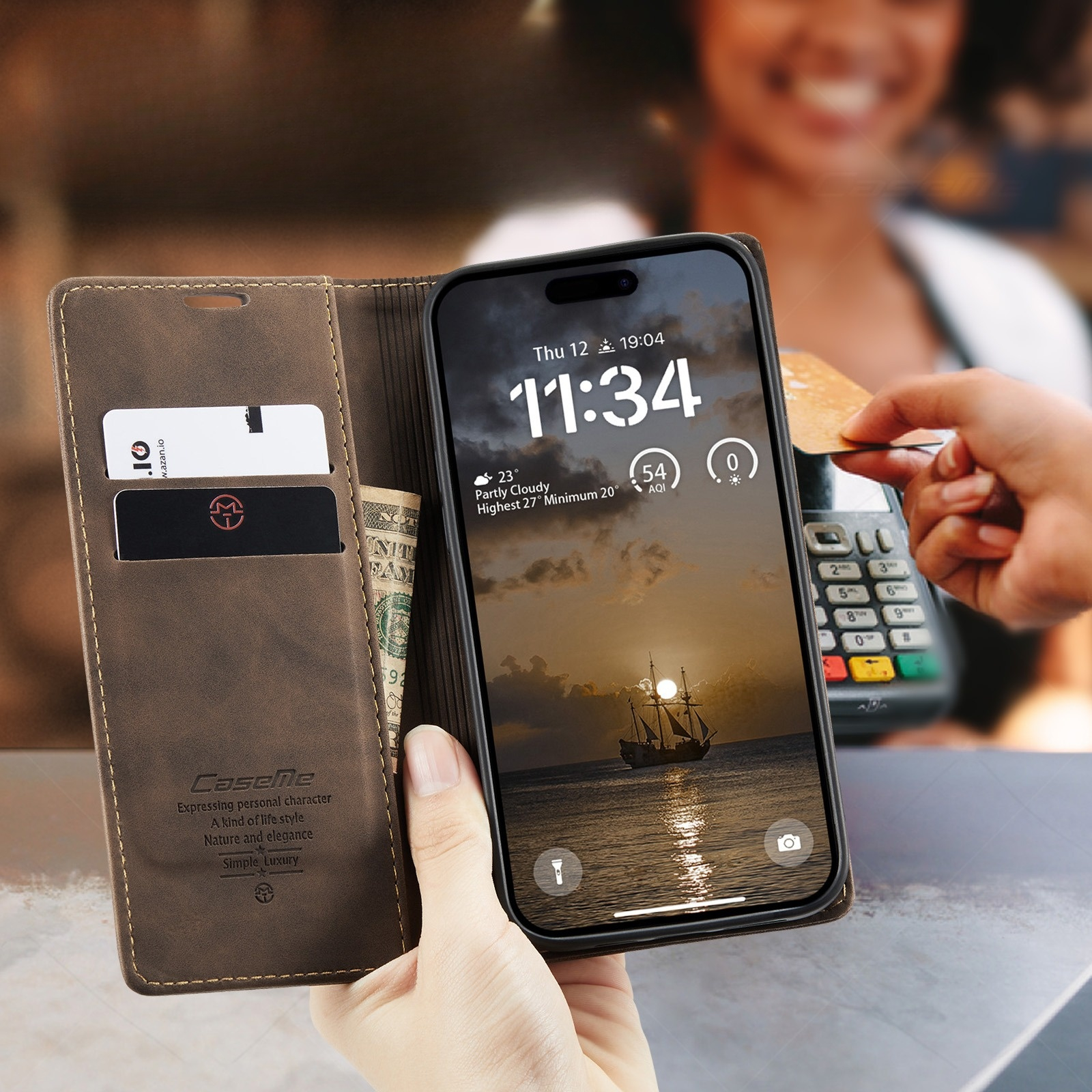 iPhone 17 Pro Max Leder Tasche Flip Wallet Etui mit Kartenfächern - Braun