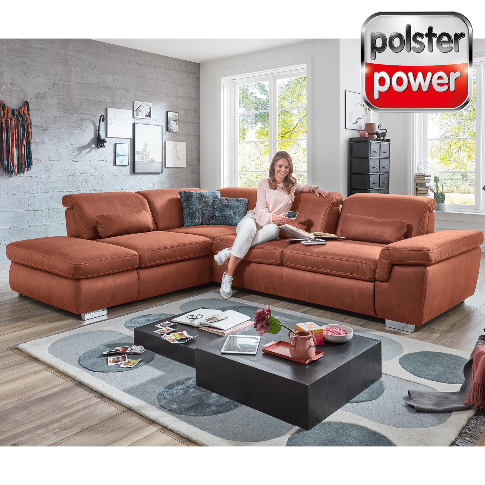 polsterpower Ecksofa - rot - mit Sitztiefenverstellung -Anstellhocker links
