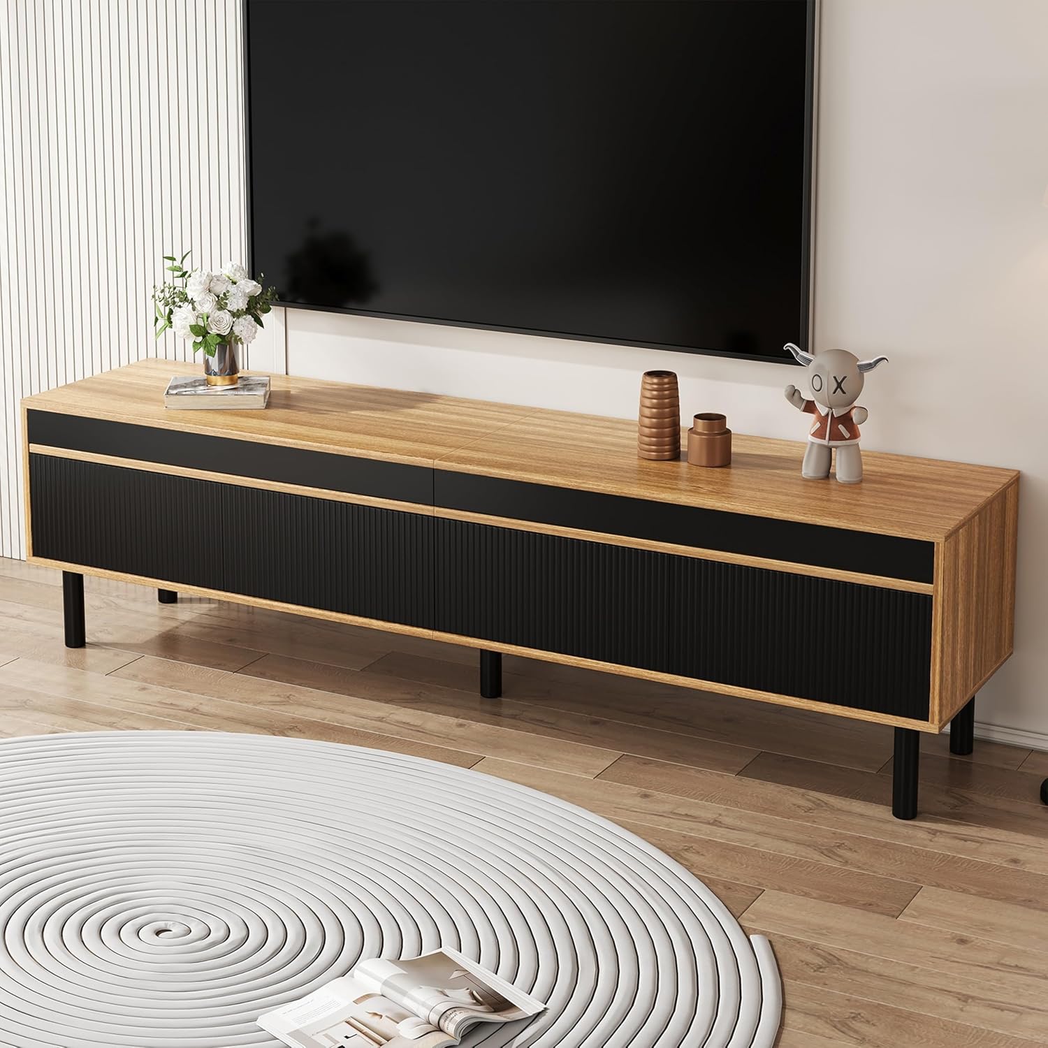 170cm TV Lowboard mit 3 Türen, Stilvolle TV Schrank, Fernsehschrank für Fernseher 65 Zoll, Fernseher Schrank für Wohnzimmer, Schwarz und Naturholz