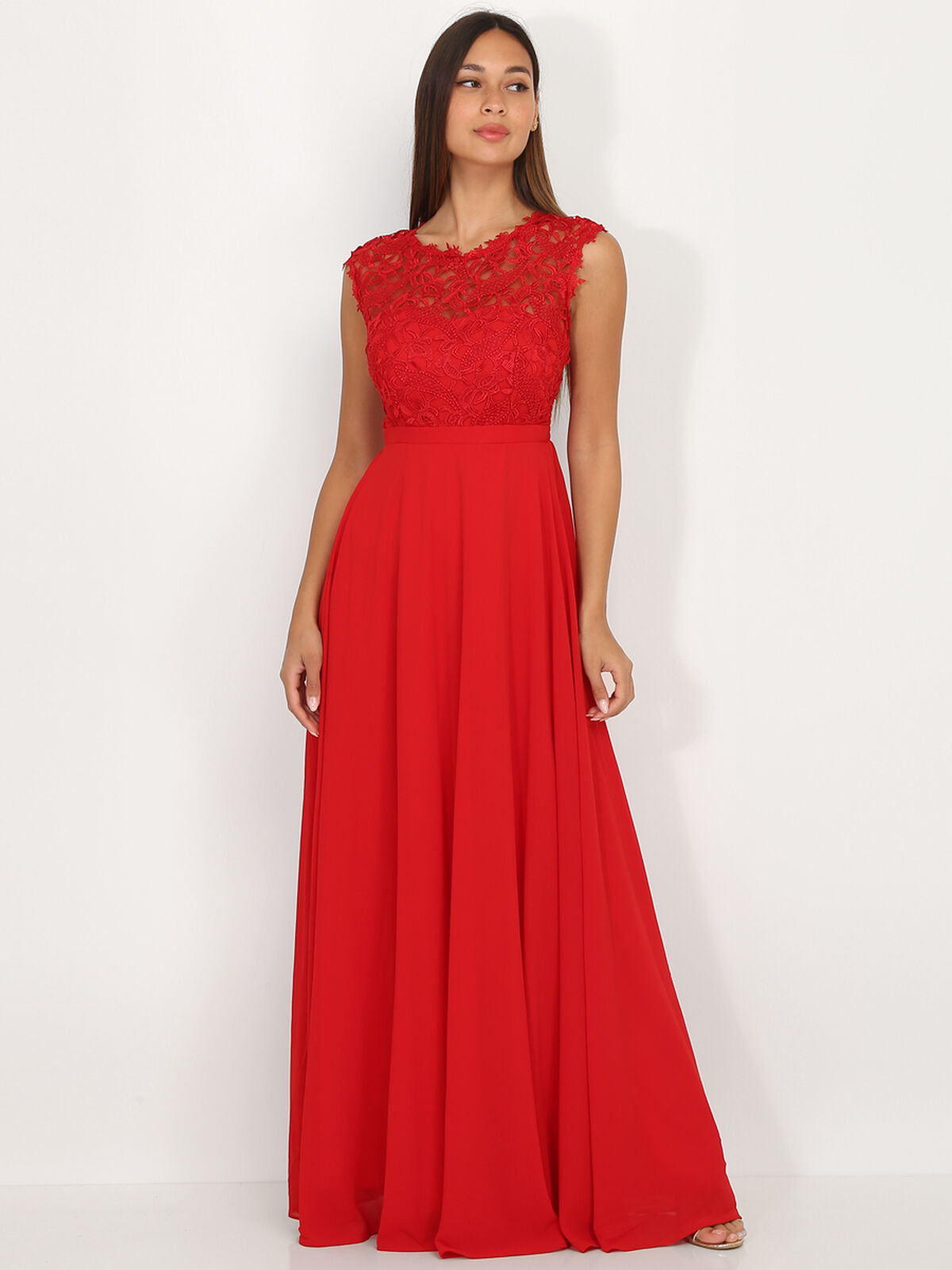 Robe longue à dentelle- Rouge