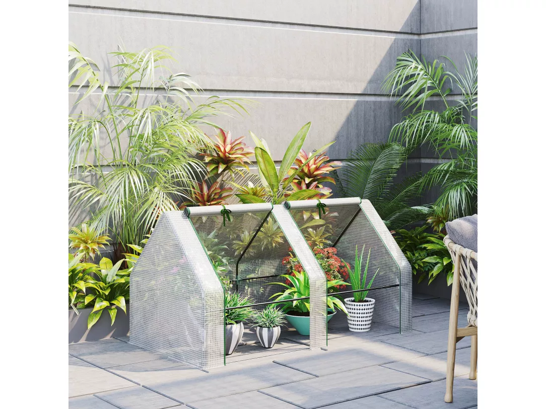 Serre de jardin tunnel 2,5L x 1l x 0,8H m grande porte zippée bâche PVC transparent métal époxy vert