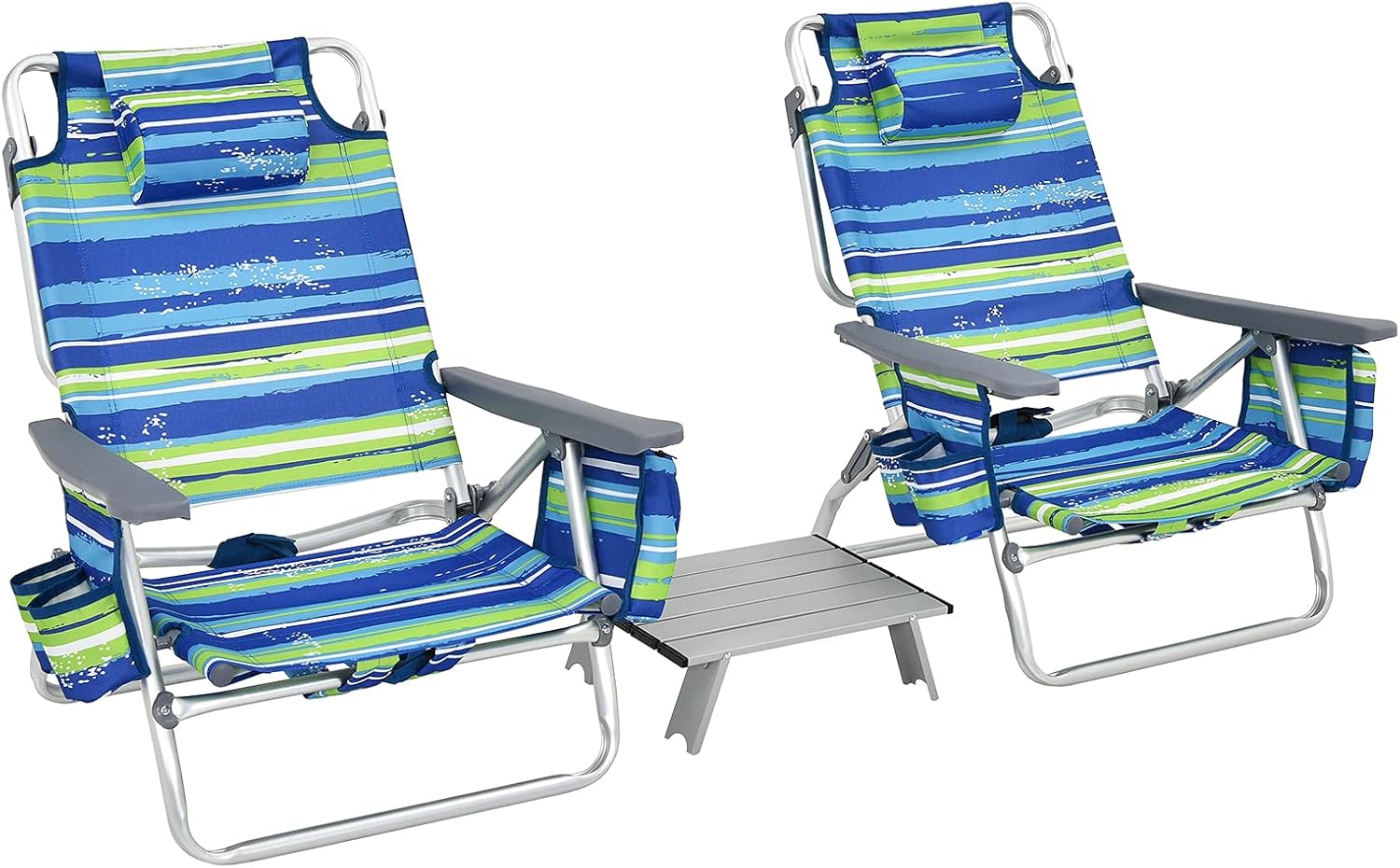 COSTWAY Strandstühle und Tisch Set, klappbare Campingstühle mit Verstellbarer Rückenlehne, Kopfstütze, Seitentaschen, Eisbeutel, Armlehnen & Schultergurten, Klappstühle leicht (Blau + Grün)