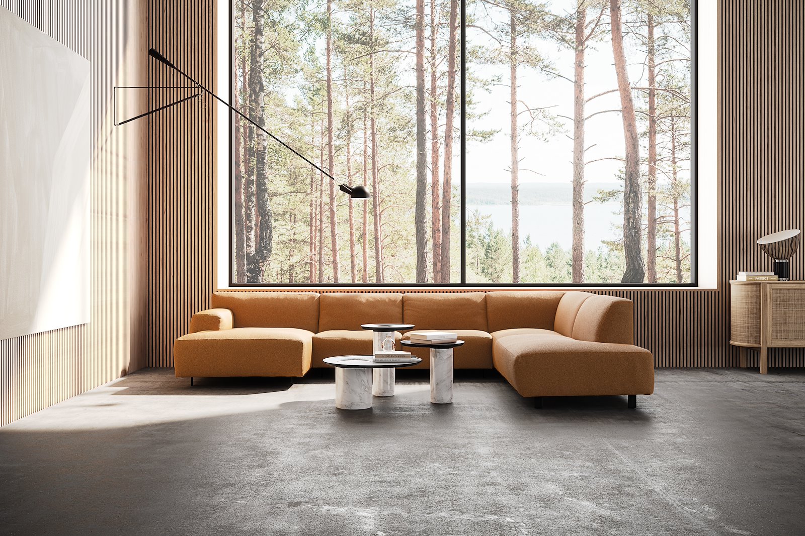 Vesta U-sofa Sjeselong venstre, 3-seter og åpen ende høyre. Big hjørnemodul, Tekstil Marilyn Bronze, sort metallben 10 cm, Comfort CM