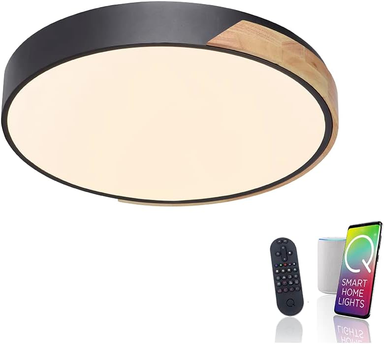 Paul Neuhaus Q-BILA 6071-18 LED Deckenleuchte Schwarz/Holz, Alexa kompatibel Smart Home, dimmbar per Fernbedienung, warmweiß - kaltweiss…