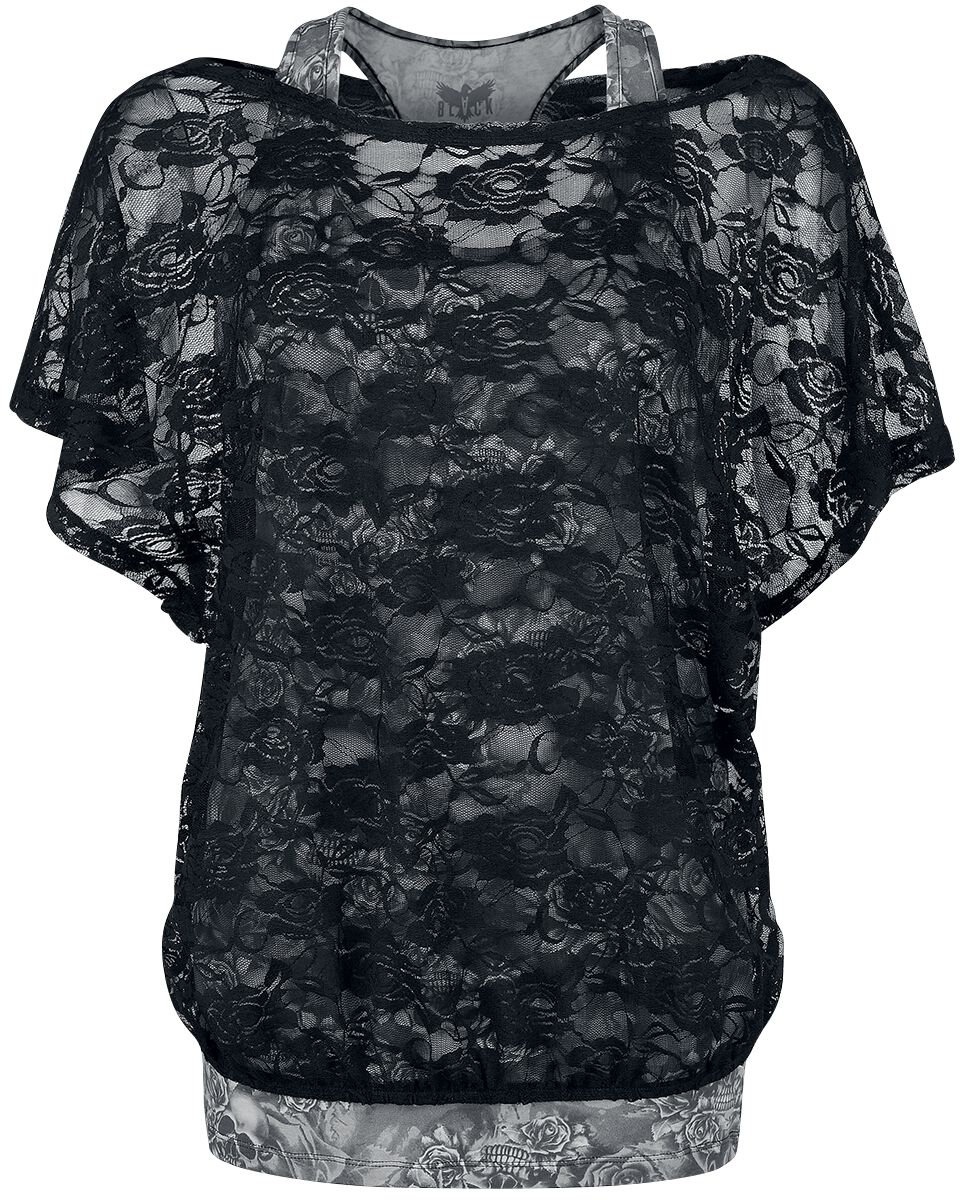 Haut Gris Avec T-Shirt En Dentelle Noire | Black Premium by EMP T-Shirt Manches courtes