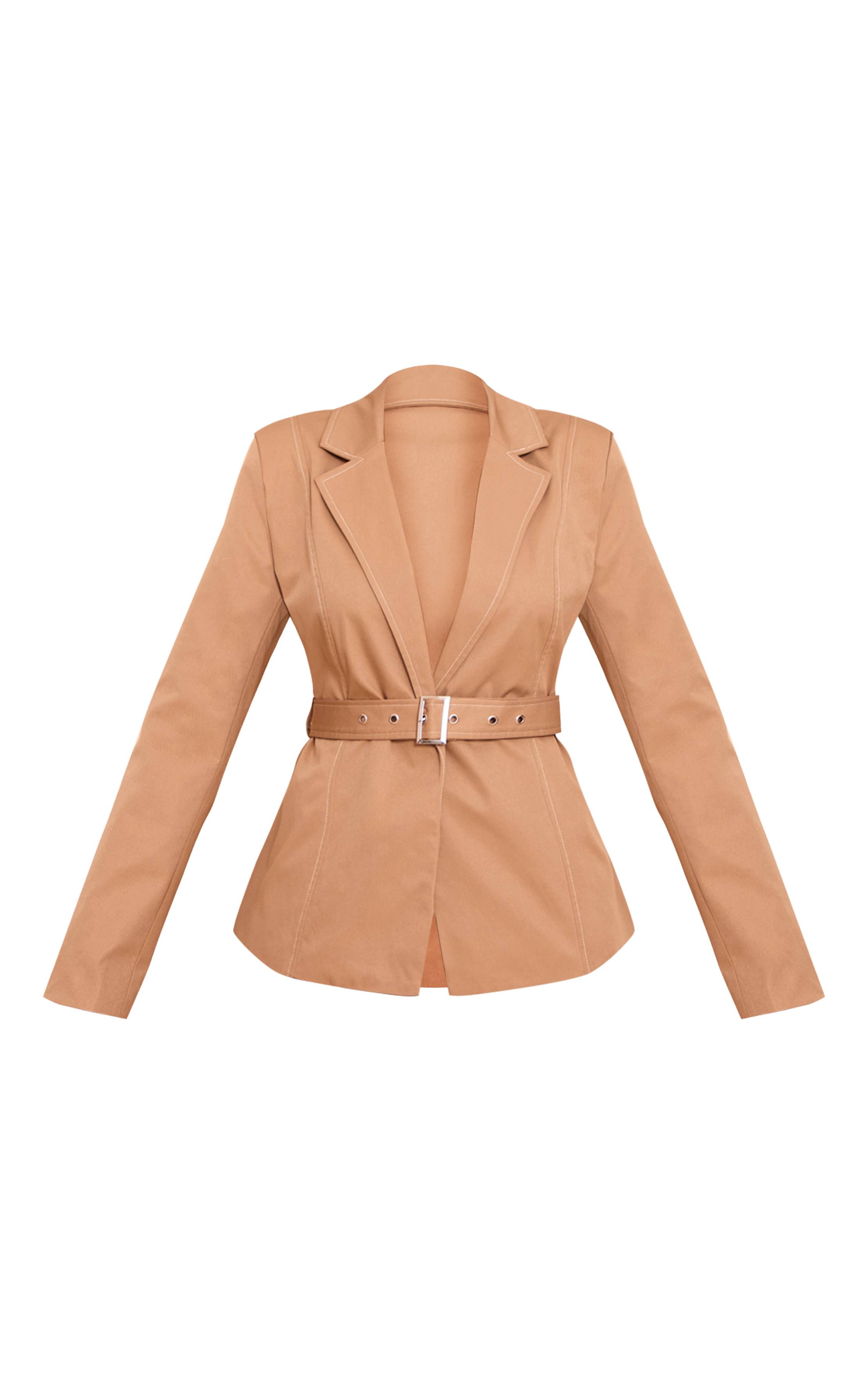 Beige Blazer À Ceinture Nouée Et Surpiqûres Contrastées