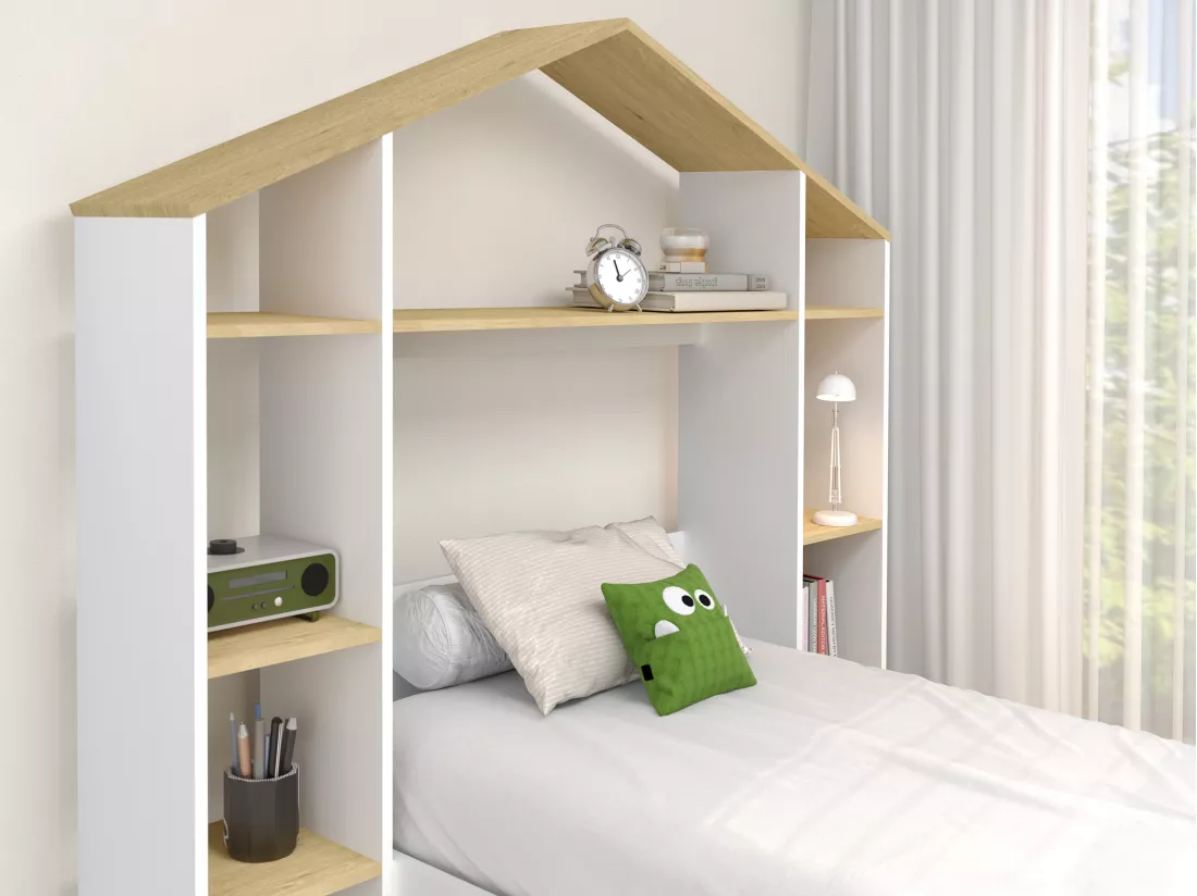 Lit cabane 90 x 190 cm - Coloris : Blanc et naturel - JERACO
