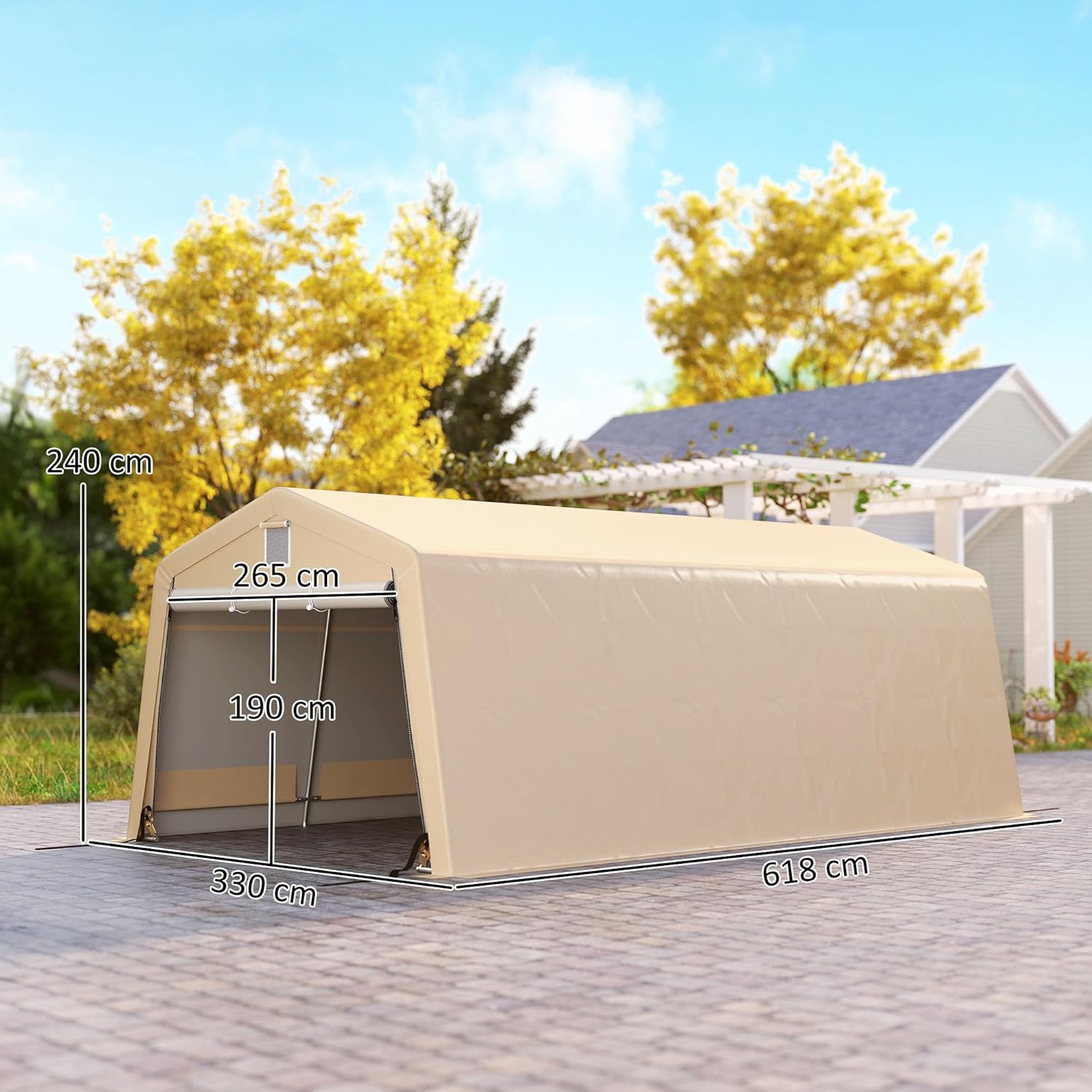Outsunny Zelt Garage Carport ABM. 6,2L x 3,3l x 2,4H m robuster verzinkter Stahl PE mit hoher Dichte 150 g/m² wasserdicht UV-beständig, 1 khakifarbene Tür und 2 Belüftungsöffnungen