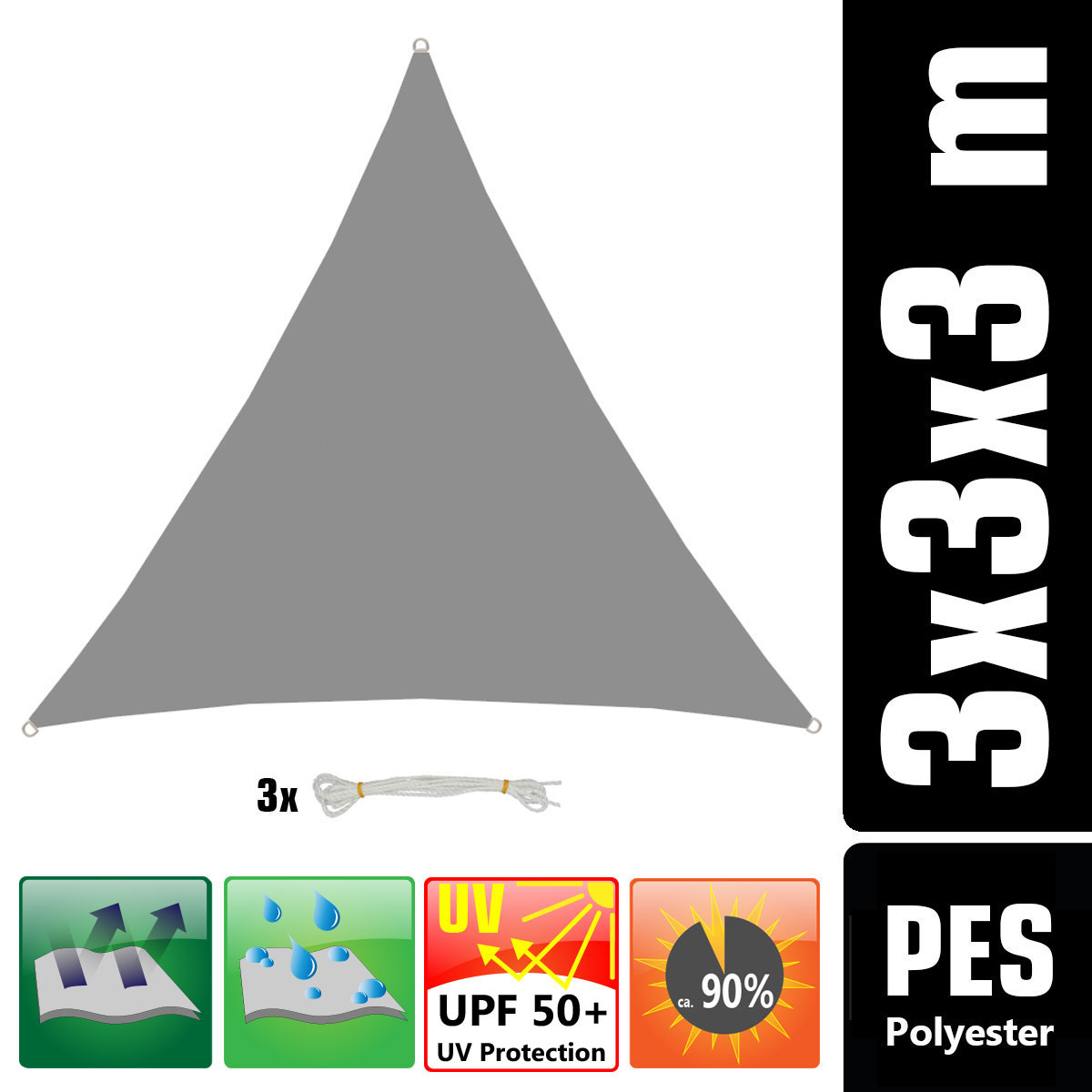 AMANKA 3 x 3 x 3 waterdicht schaduwdoek met bevestiging - Grey